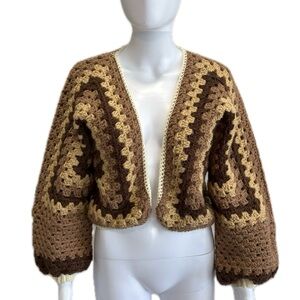 Granny Square Handmade Chunky Crochet Knit Cropped Open Cardigan Sweater Brown